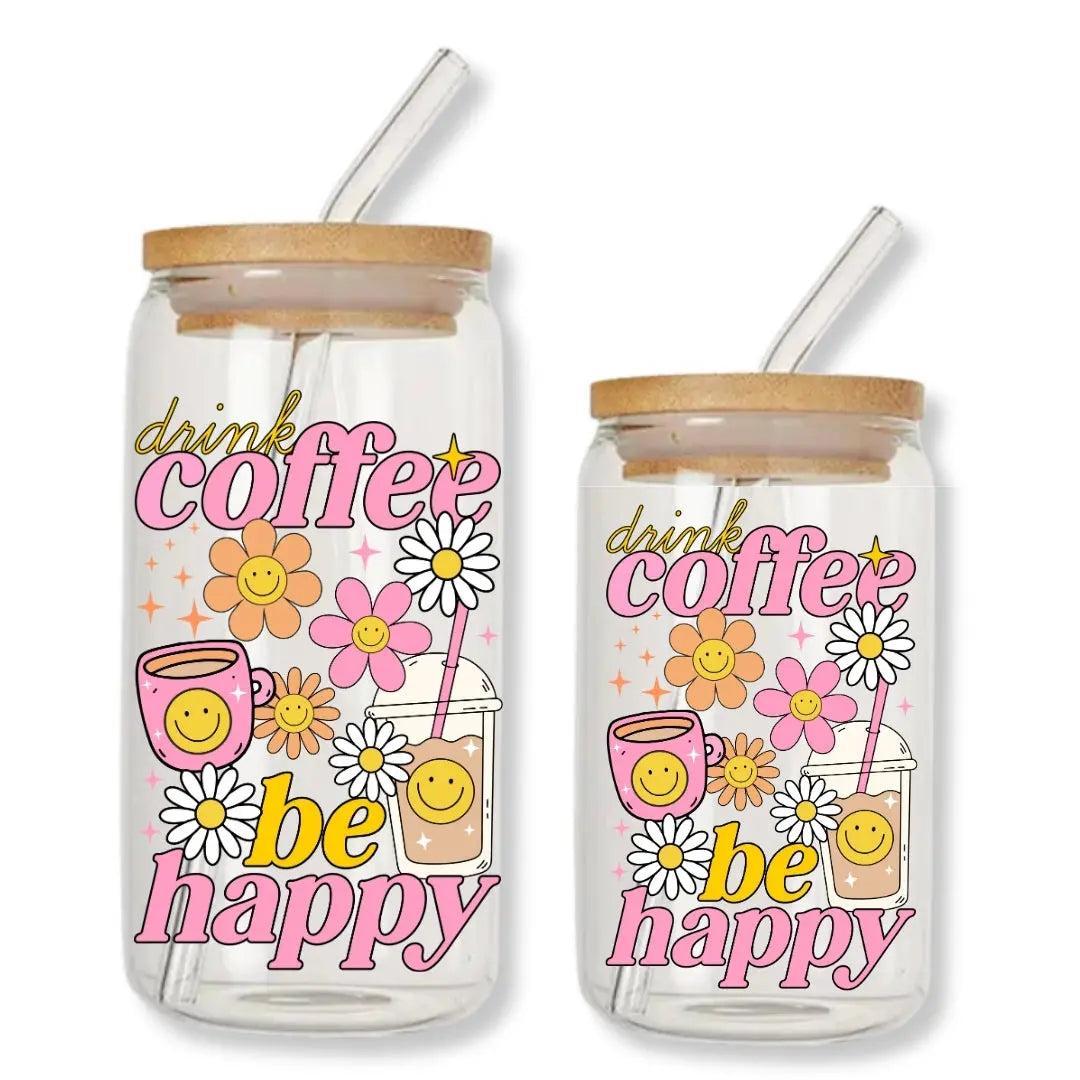 Drink Coffee Be Happy Can Glass Tumbler with Bamboo Lid & Straw
