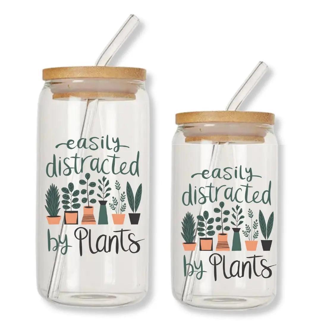 Easily Distracted by Plants Can Glass Tumbler with Bamboo Lid & Straw