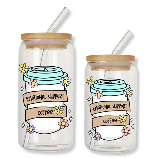 Emotional Support Coffee Cup Can Glass Tumbler with Bamboo Lid & Straw