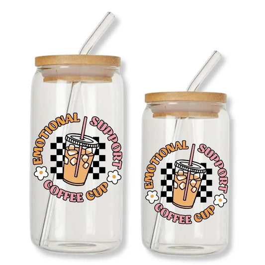 Emotional Support Iced Coffee Cup Can Glass Tumbler with Bamboo Lid & Straw