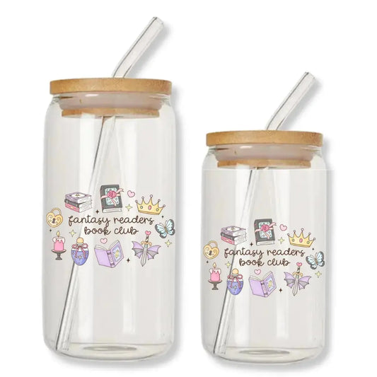 Fantasy Readers Book Club Cup Doodles 16 oz. or 20 oz. Glass Can