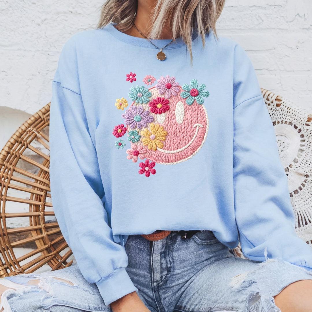 Faux Yarn Pink Smiley Face Crewneck Sweatshirt