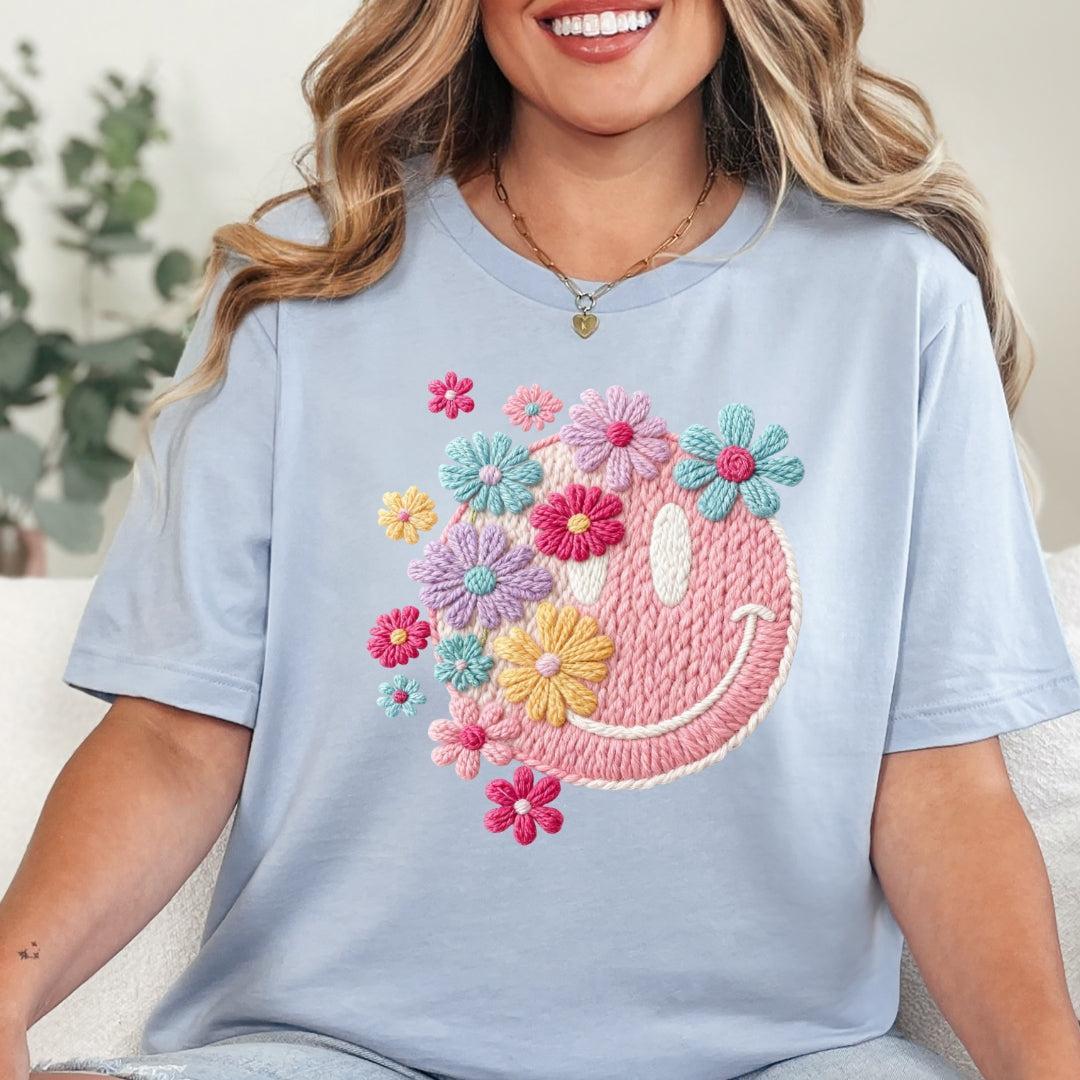 Faux Yarn Pink Smiley Face T-Shirt