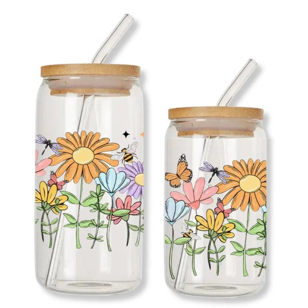 Floral Field 16 oz. or 20 oz. Glass Can Cup