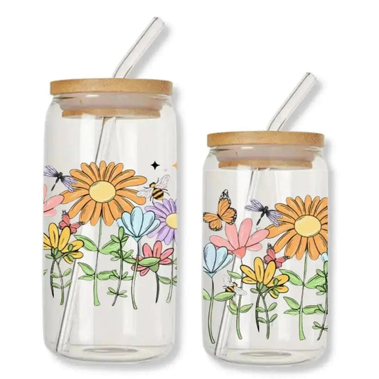 Floral Field Cup 16 oz. or 20 oz. Glass Can