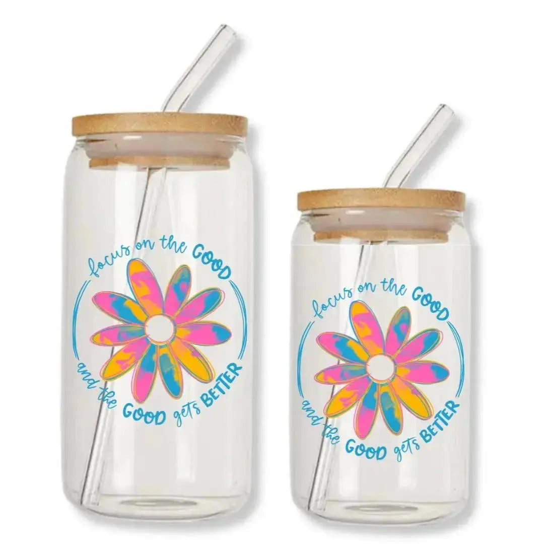 Focus on the Good Cup and the Good Gets Better Can Glass Tumbler with Bamboo Lid & Straw