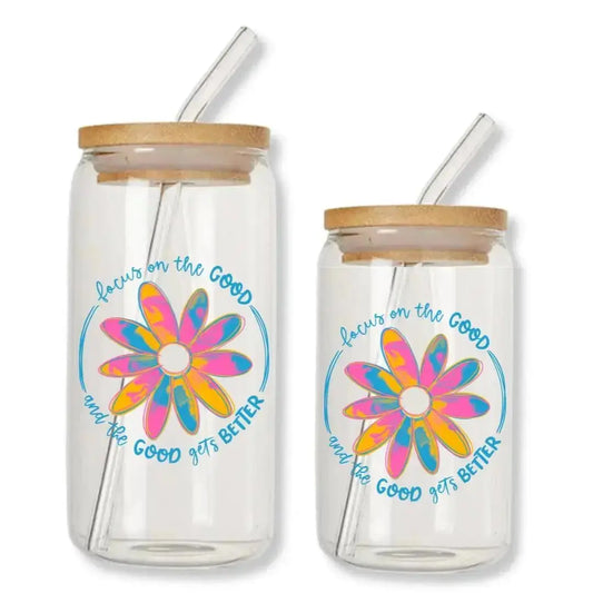 Focus on the Good Cup and the Good Gets Better Can Glass Tumbler with Bamboo Lid & Straw