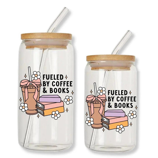 Fueled by Coffee & Books Can Glass Tumbler with Bamboo Lid & Straw