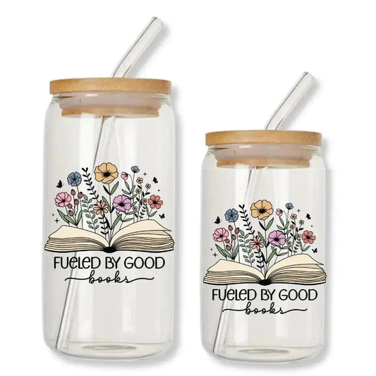 Fueled by Good Books Cup Can Glass Tumbler with Bamboo Lid & Straw