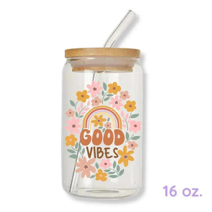 Good Vibes Cup Rainbow Floral 16 oz. or 20 oz. Glass Can