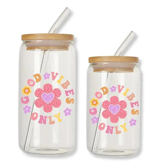 Good Vibes Only Cup Smile Face Daisy Can Glass Tumbler with Bamboo Lid & Straw