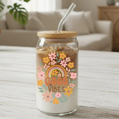 Good Vibes Rainbow Floral 16 oz. or 20 oz. Glass Can Cup