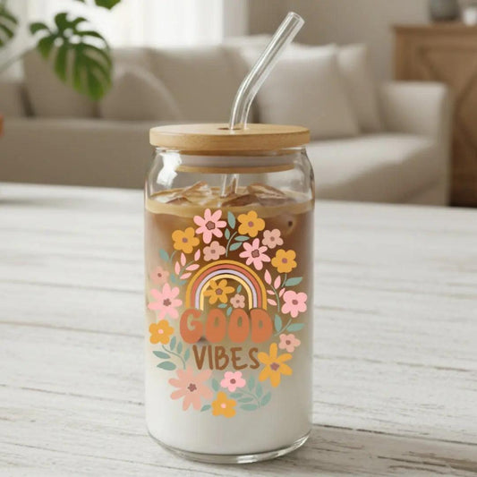 Good Vibes Rainbow Floral 16 oz. or 20 oz. Glass Can Cup