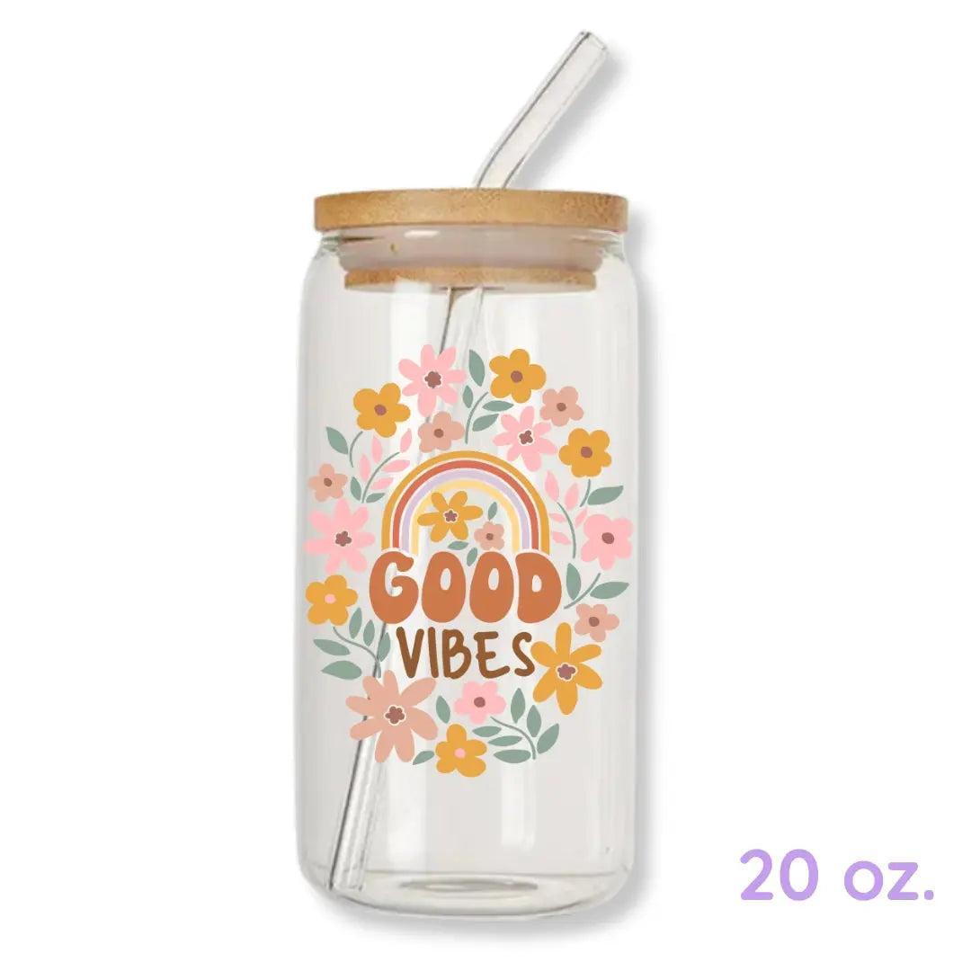 Good Vibes Rainbow Floral 16 oz. or 20 oz. Glass Can Cup