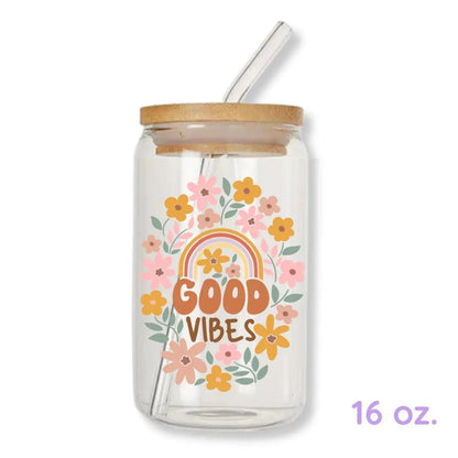Good Vibes Rainbow Floral 16 oz. or 20 oz. Glass Can Cup