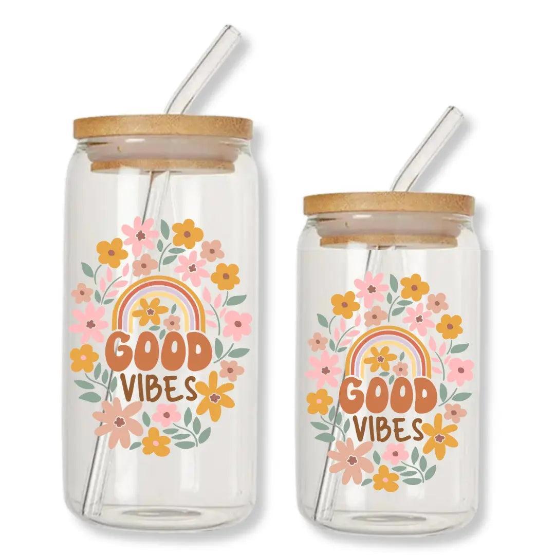 Good Vibes Rainbow Floral 16 oz. or 20 oz. Glass Can Cup