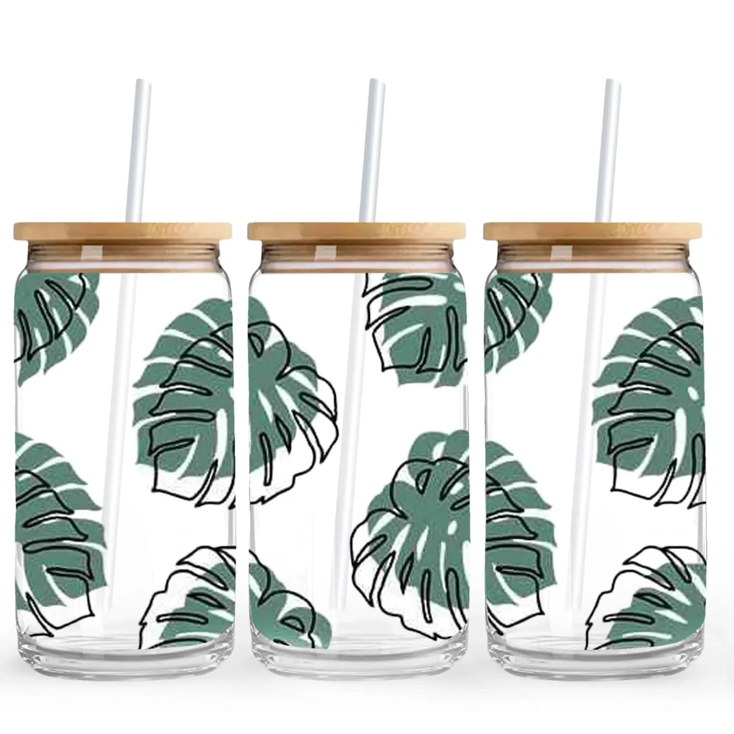 Green Monstera 16 oz. or 20 oz. Glass Can Cup
