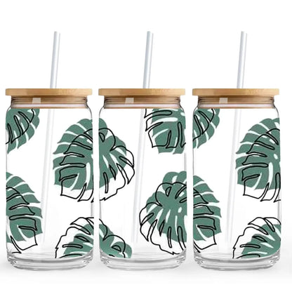 Green Monstera 16 oz. or 20 oz. Glass Can Cup