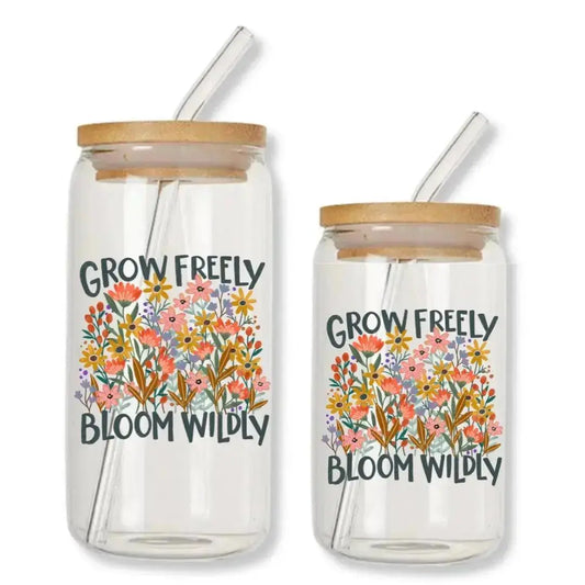 Grow Freely Bloom Wildly Cup Can Glass Tumbler with Bamboo Lid & Straw