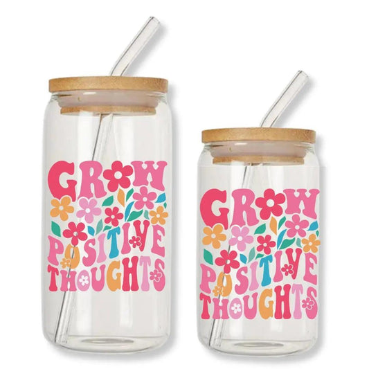 Grow Positive Thoughts Can Glass Tumbler with Bamboo Lid & Straw