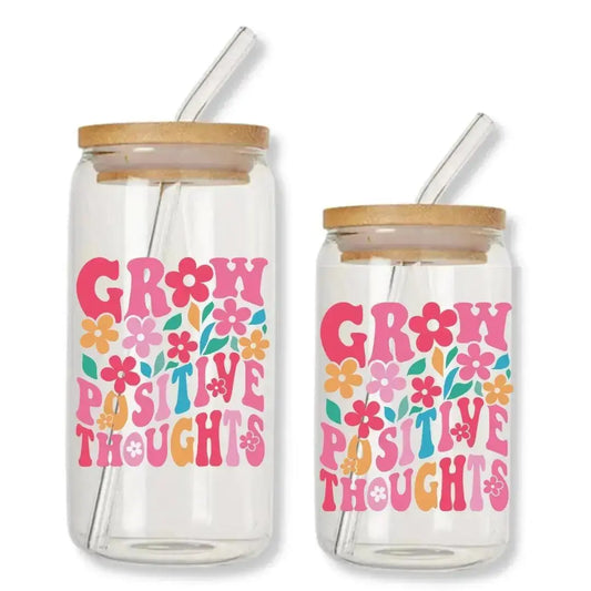 Grow Positive Thoughts Cup Can Glass Tumbler with Bamboo Lid & Straw