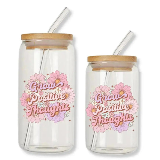 Grow Positive Thoughts Daisy Cup Can Glass Tumbler with Bamboo Lid & Straw
