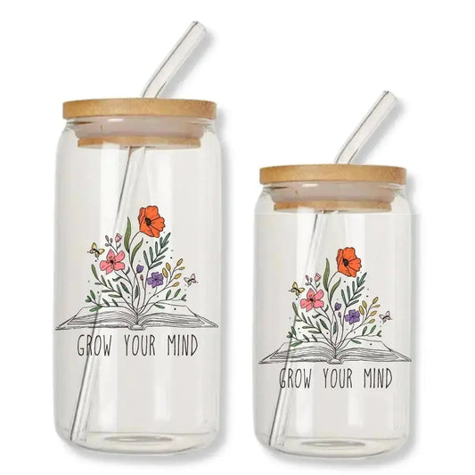 Grow Your Mind Cup Can Glass Tumbler with Bamboo Lid & Straw