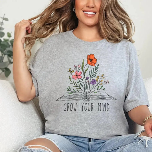 Grow Your Mind T-Shirt Book and Flowers Bookish