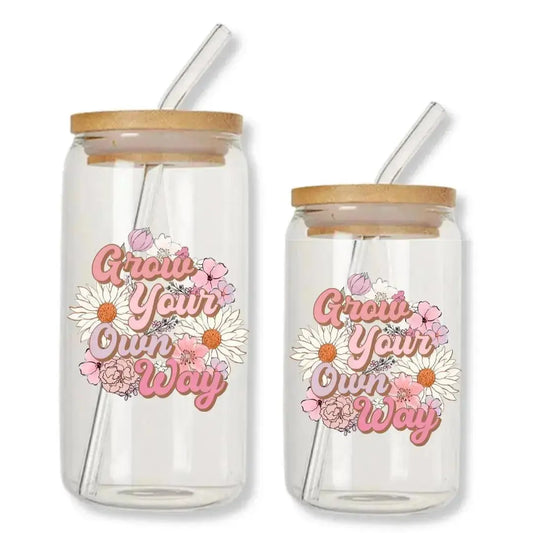 Grow Your Own Way Cup Daisy Can Glass Tumbler with Bamboo Lid & Straw