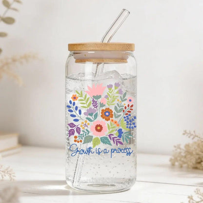Growth is a Process Floral 16 oz. or 20 oz. Glass Can Cup