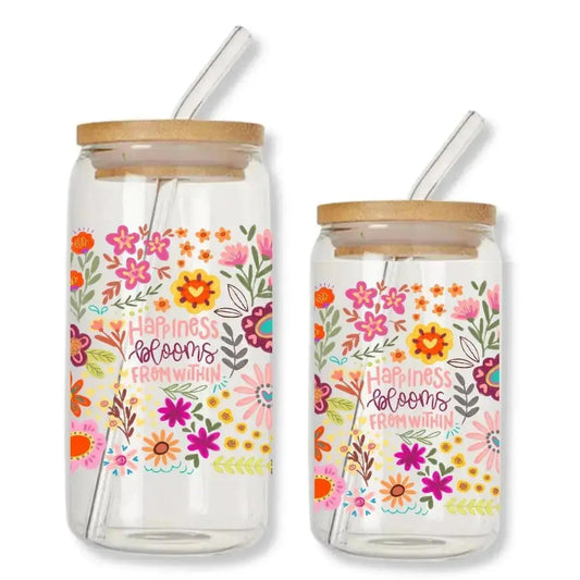 Happiness Blooms from Within Cup Can Glass Tumbler with Bamboo Lid & Straw