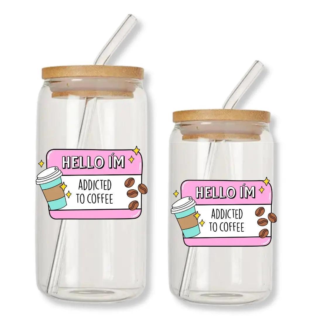Hello I'm Addicted to Coffee Can Glass Tumbler with Bamboo Lid & Straw