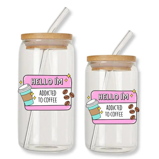 Hello I'm Addicted to Coffee Can Glass Tumbler with Bamboo Lid & Straw