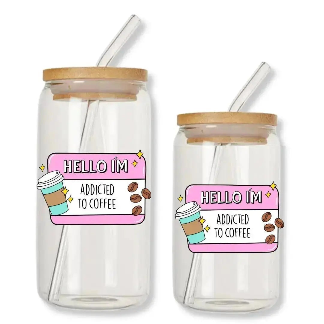 Hello I'm Addicted to Coffee Cup Can Glass Tumbler with Bamboo Lid & Straw