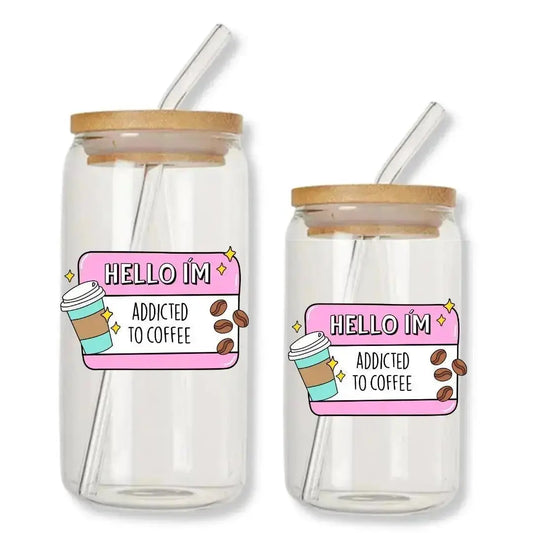 Hello I'm Addicted to Coffee Cup Can Glass Tumbler with Bamboo Lid & Straw