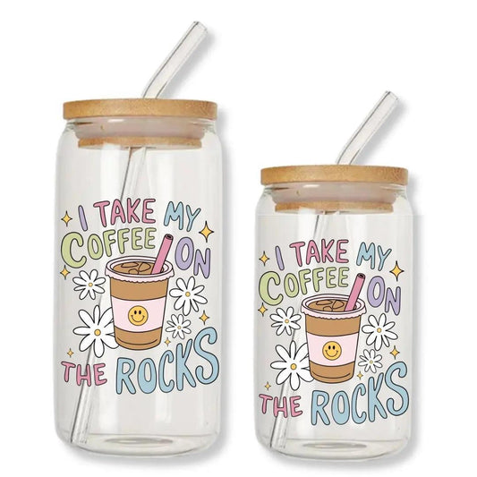 I Take My Coffee on the Rocks Can Glass Tumbler with Bamboo Lid & Straw