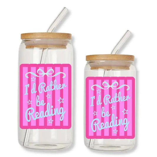 I'd Rather Be Reading Cup Pink Stripes 16 oz. or 20 oz. Glass Can