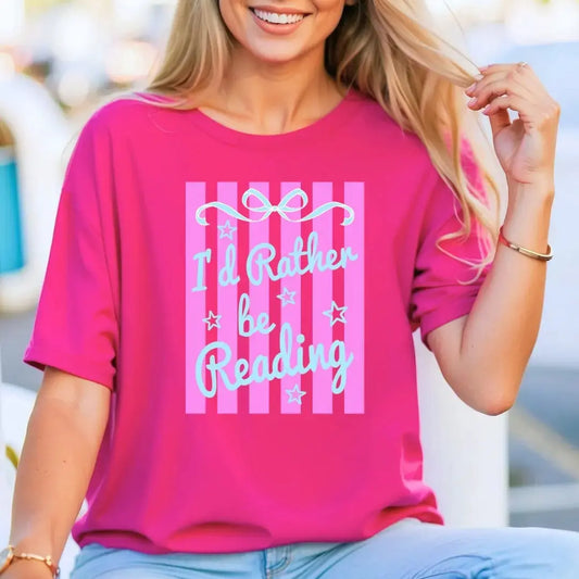 I'd Rather Be Reading T-Shirt Pink Stripes