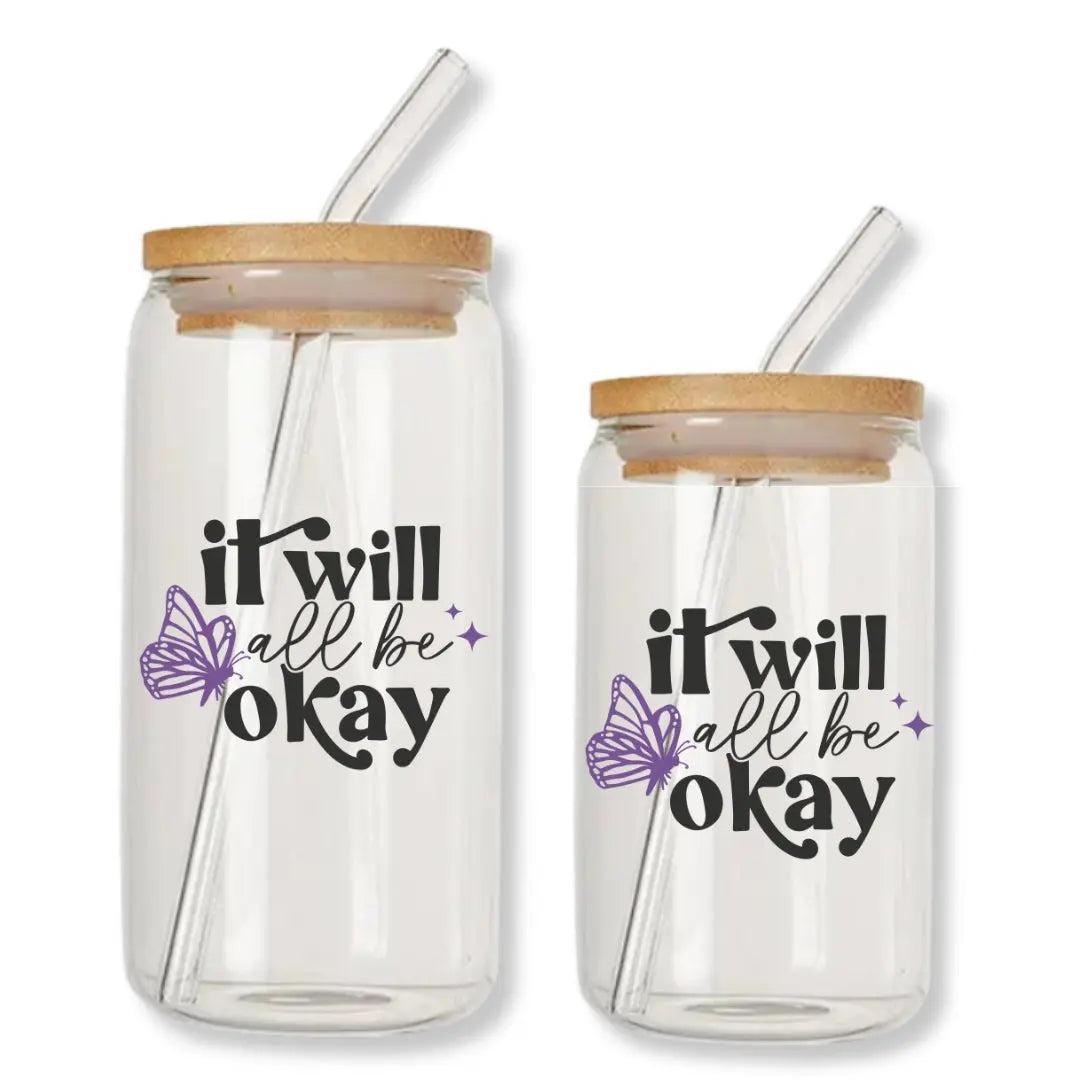 It Will All Be Okay Purple Butterfly Can Glass Tumbler with Bamboo Lid & Straw
