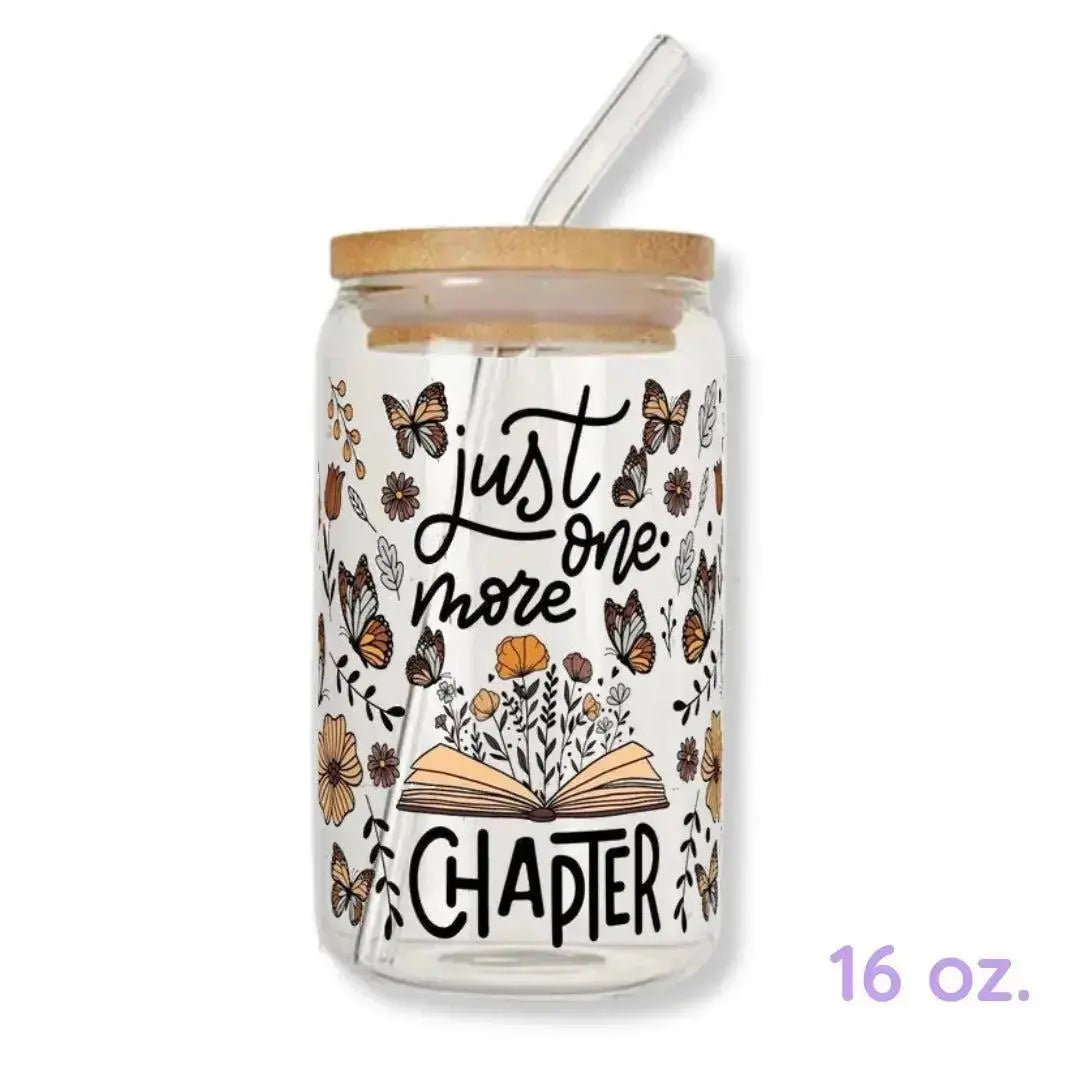 Just One More Chapter Cup Bookish Butterflies 16 oz. or 20 oz. Glass Can