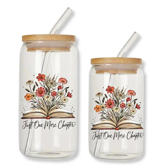 Just One More Chapter Cup Can Glass Tumbler with Bamboo Lid & Straw