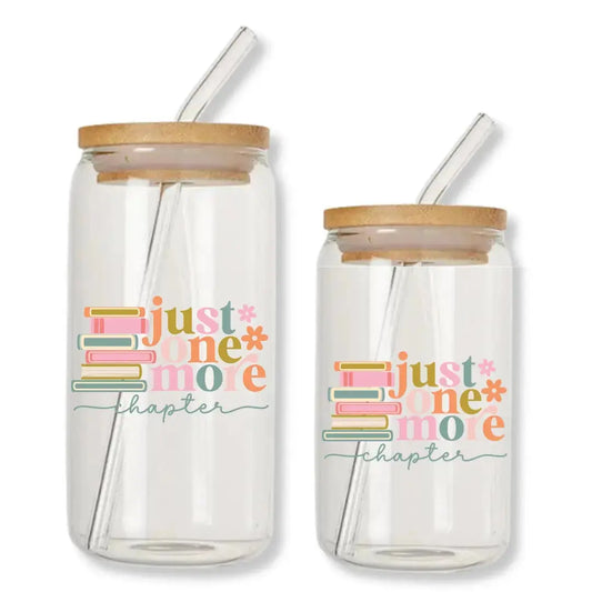 Just One More Chapter Cup Stacked Books 16 oz. or 20 oz. Glass Can