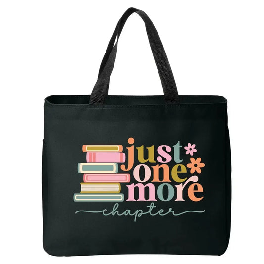 Just One More Chapter Tote Bag Stacked Books
