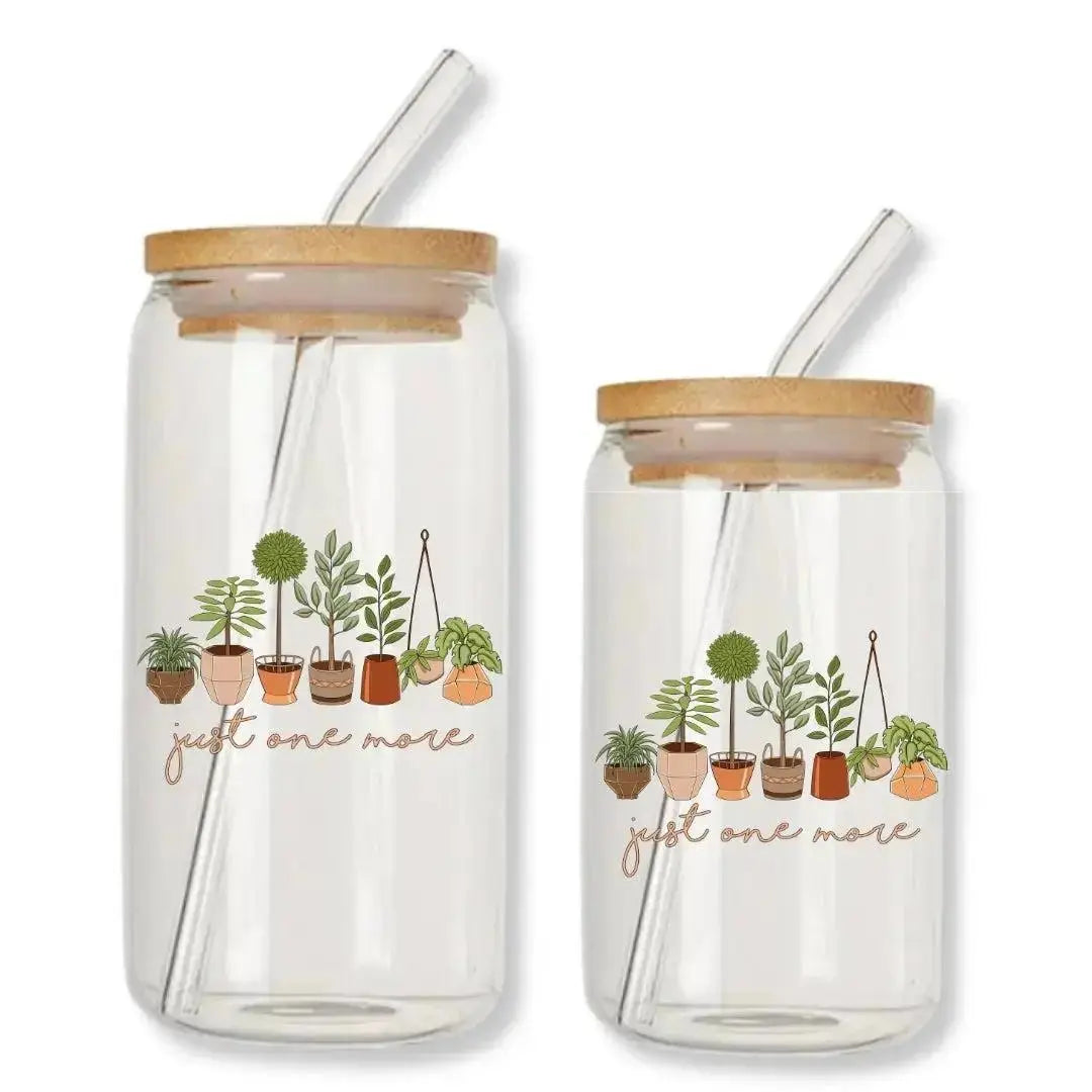 Just One More Plants Cup Can Glass Tumbler with Bamboo Lid & Straw
