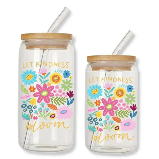 Let Kindness Bloom Cup Can Glass Tumbler with Bamboo Lid & Straw