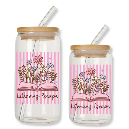 Literary Escape Cup Pink Stripes 16 oz. or 20 oz. Glass Can