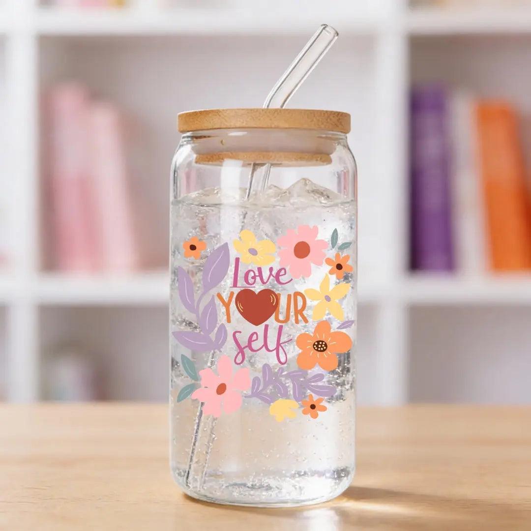 Love Yourself Floral 16 oz. or 20 oz. Glass Can Cup
