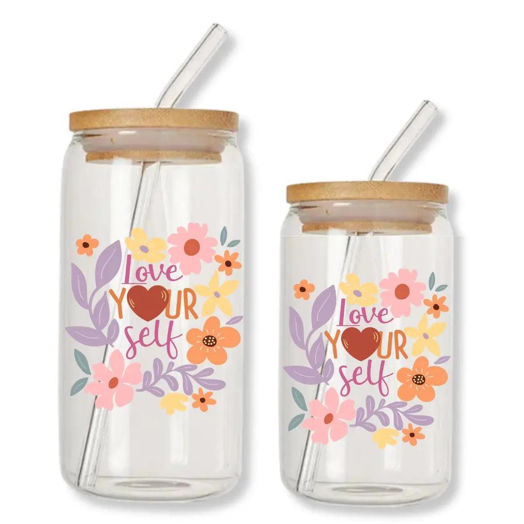 Love Yourself Floral 16 oz. or 20 oz. Glass Can Cup
