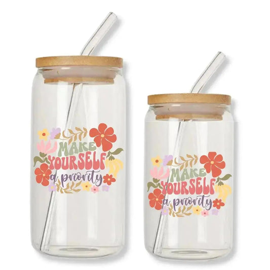 Make Yourself a Priority Cup Can Glass Tumbler with Bamboo Lid & Straw