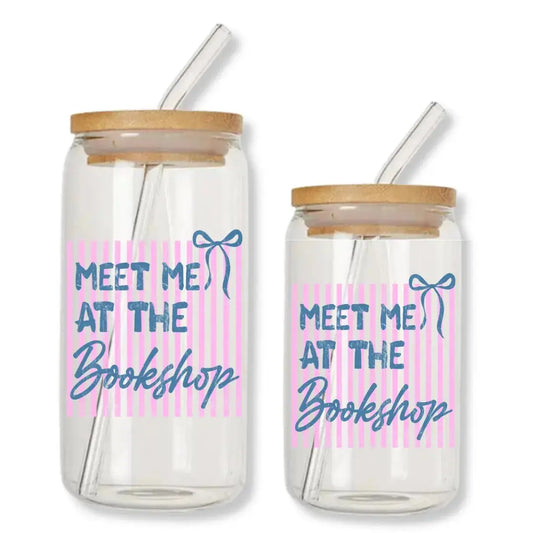 Meet Me at the Bookshop Cup Pink Stripes 16 oz. or 20 oz. Glass Can